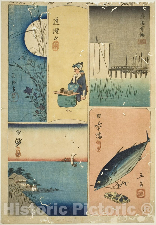 Art Print : Cutouts of Famous Places in Edo (Harimaze Koto meisho) v1, Utagawa Hiroshige, c 1852, Vintage Wall Decor :