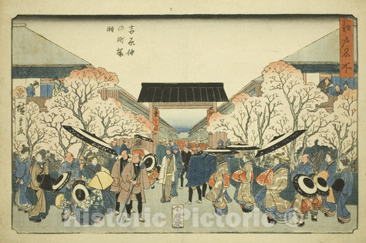 Art Print : Cherry Blossom Season at Nakanocho in the Yoshiwara (Yoshiwara Nakanocho sakura toki), Utagawa Hiroshige, c 1840, Vintage Wall Decor :