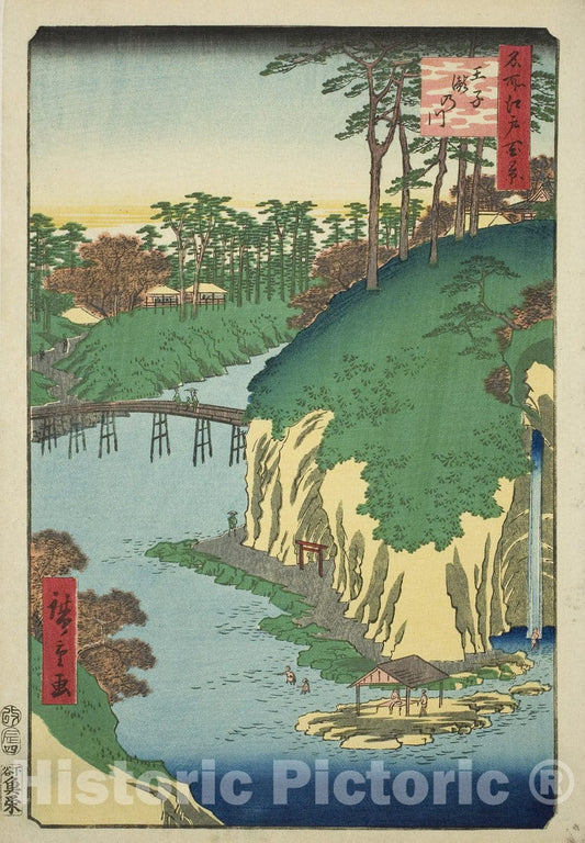 Art Print : The River of Waterfalls at Oji , from One Hundred Famous Views of Edo , Utagawa Hiroshige, c 1853, Vintage Wall Decor :