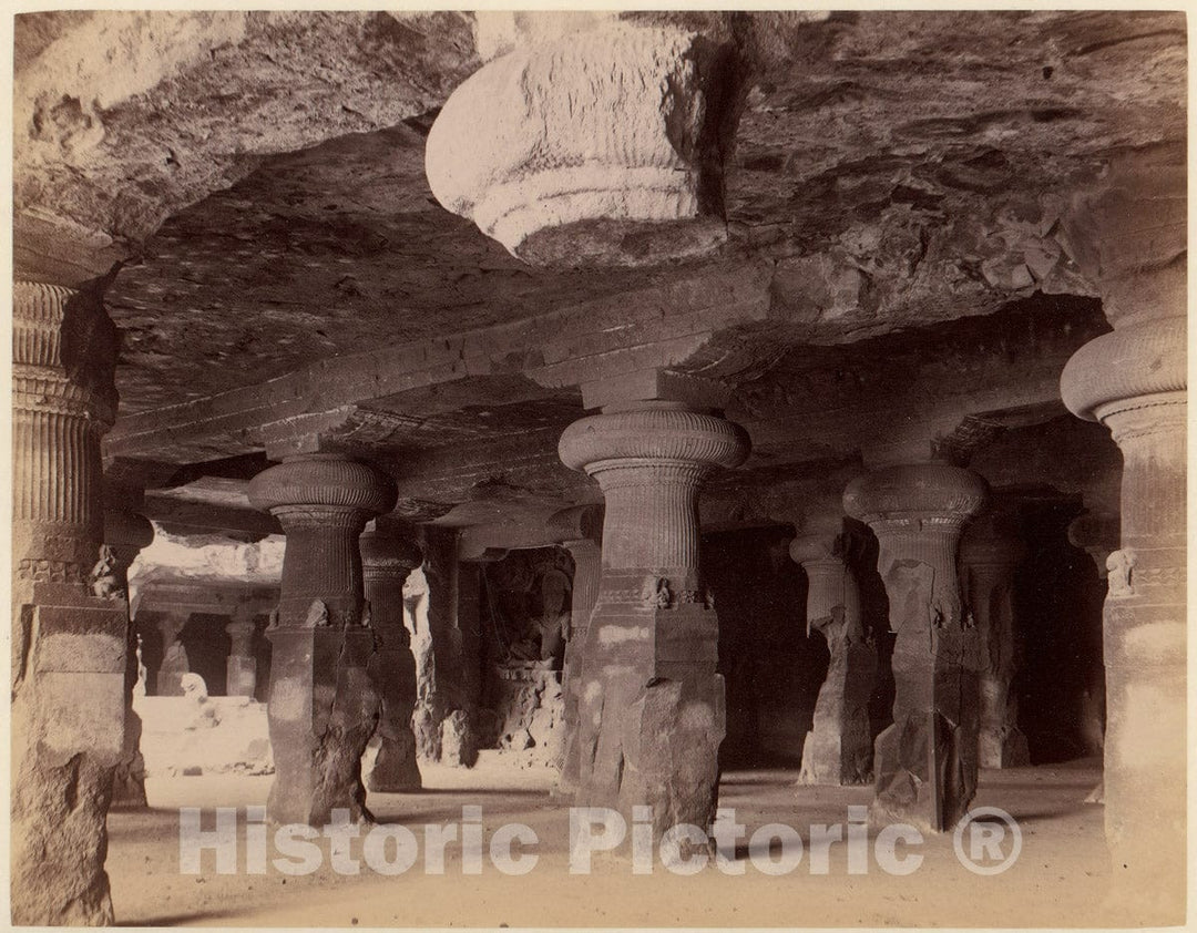 Photo Print : Pillars in The Monolithic Temple at Elephanta, Near Bombay : Vintage Wall Art