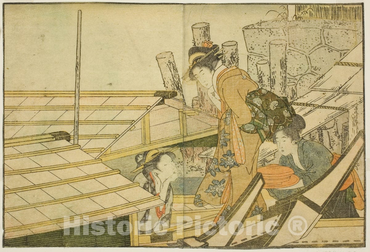 Art Print : Embarking on Pleasure Boats in Summer, from Picture Book: Flowers of the Four Seasons, Kitagawa Utamaro, c 1789, Vintage Wall Decor :