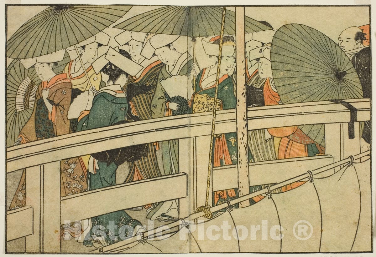 Art Print : Crossing a Bridge in Summer, from Picture Book: Flowers of the Four Seasons, Kitagawa Utamaro, c 1789, Vintage Wall Decor :