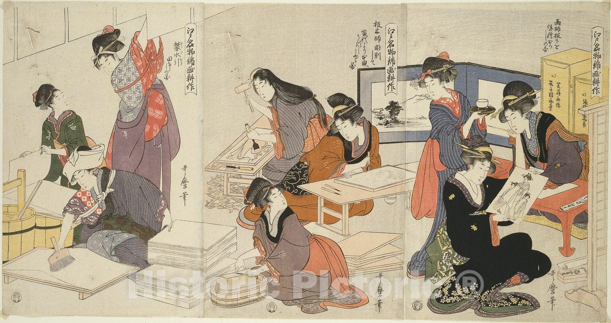 Art Print : The Cultivation of Brocade Prints, a Famous Product of Edo (Edo meibutsu nishiki-e kosaku), Kitagawa Utamaro, c 1938, Vintage Wall Decor :