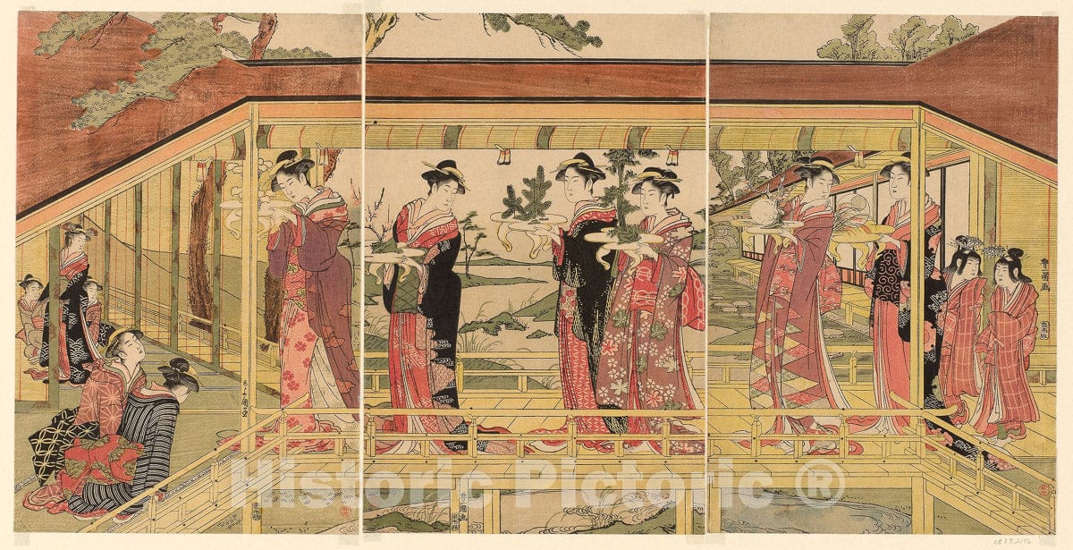 Art Print : A procession of women holding shimadai decorations, Utagawa Toyokuni I, c 1878, Vintage Wall Decor :