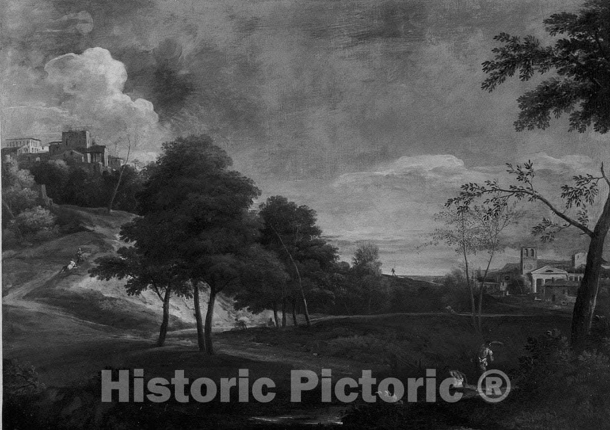Art Print : Landscape with Figures and Buildings, c 1870, Vintage Wall Decor :