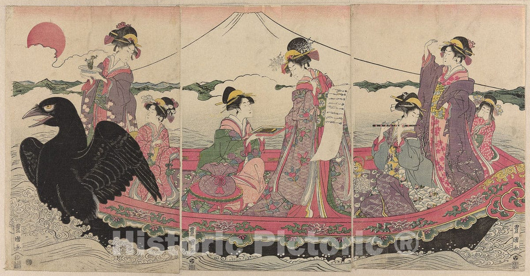 Art Print : Women on a boat at New Year imitating the Seven Gods of Good Fortune, Utagawa Toyokuni I, c 1884, Vintage Wall Decor :