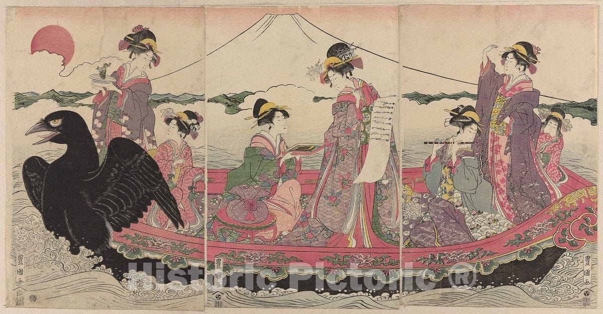 Art Print : Women on a boat at New Year imitating the Seven Gods of Good Fortune, Utagawa Toyokuni I, c 1884, Vintage Wall Decor :