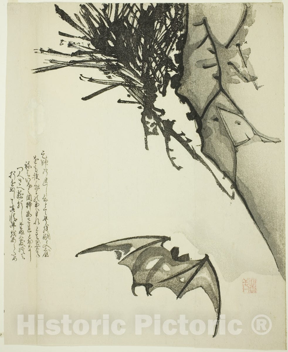 Art Print : A Bat Flying near a Pine Tree, Issho, c 1968, Vintage Wall Decor :