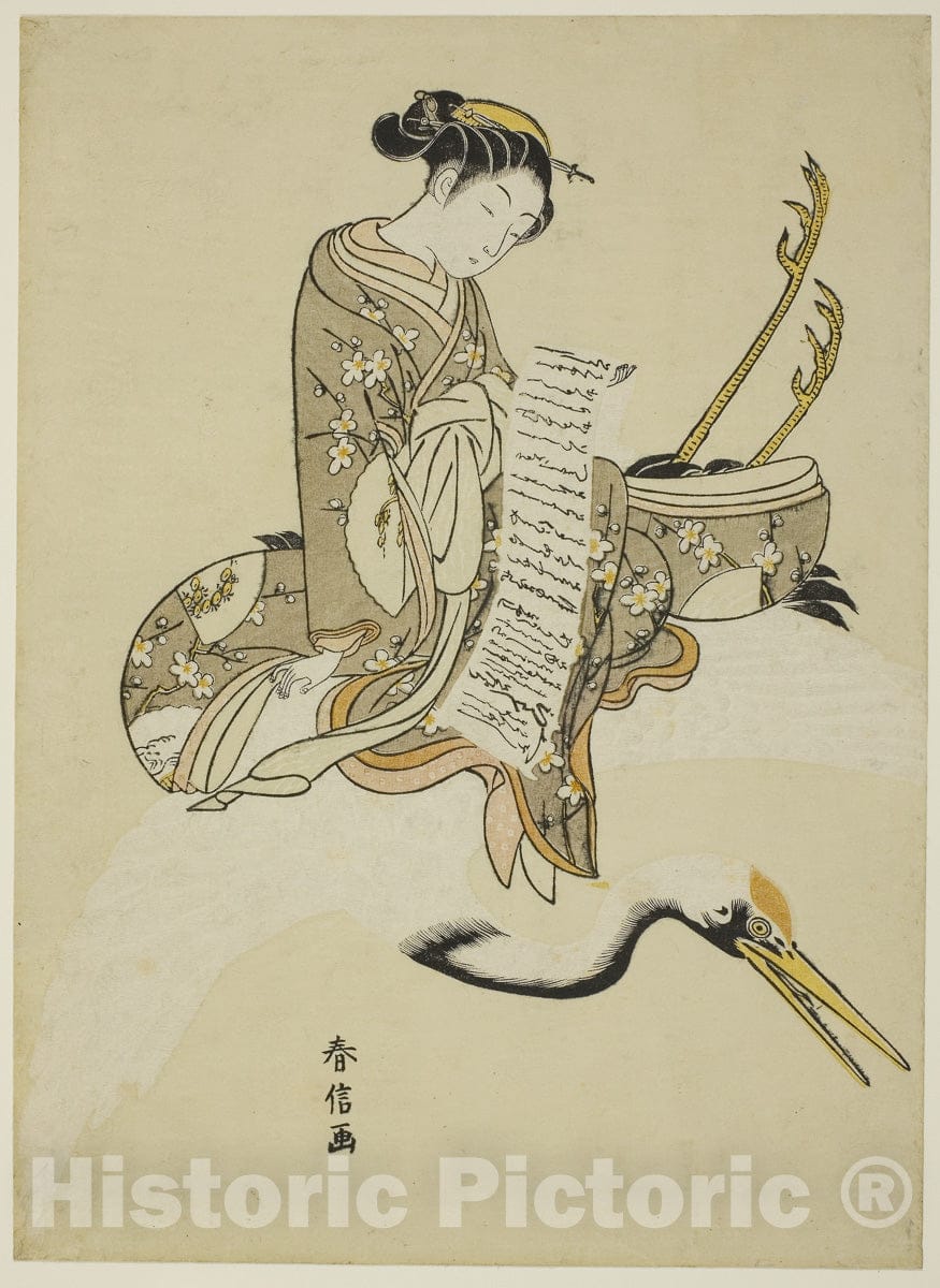 Art Print : Girl Riding a Crane (parody of Hi Chobo [Chinese: Fei Zhangfang]), Suzuki Harunobu, c 1832, Vintage Wall Decor :