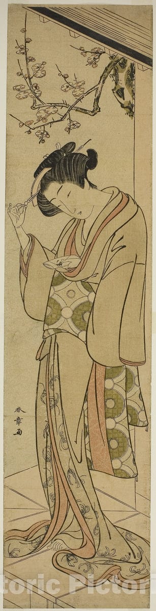 Art Print : Woman on a Veranda About to Open a Love-letter, Katsukawa Shunsho, c1880, Vintage Wall Decor :