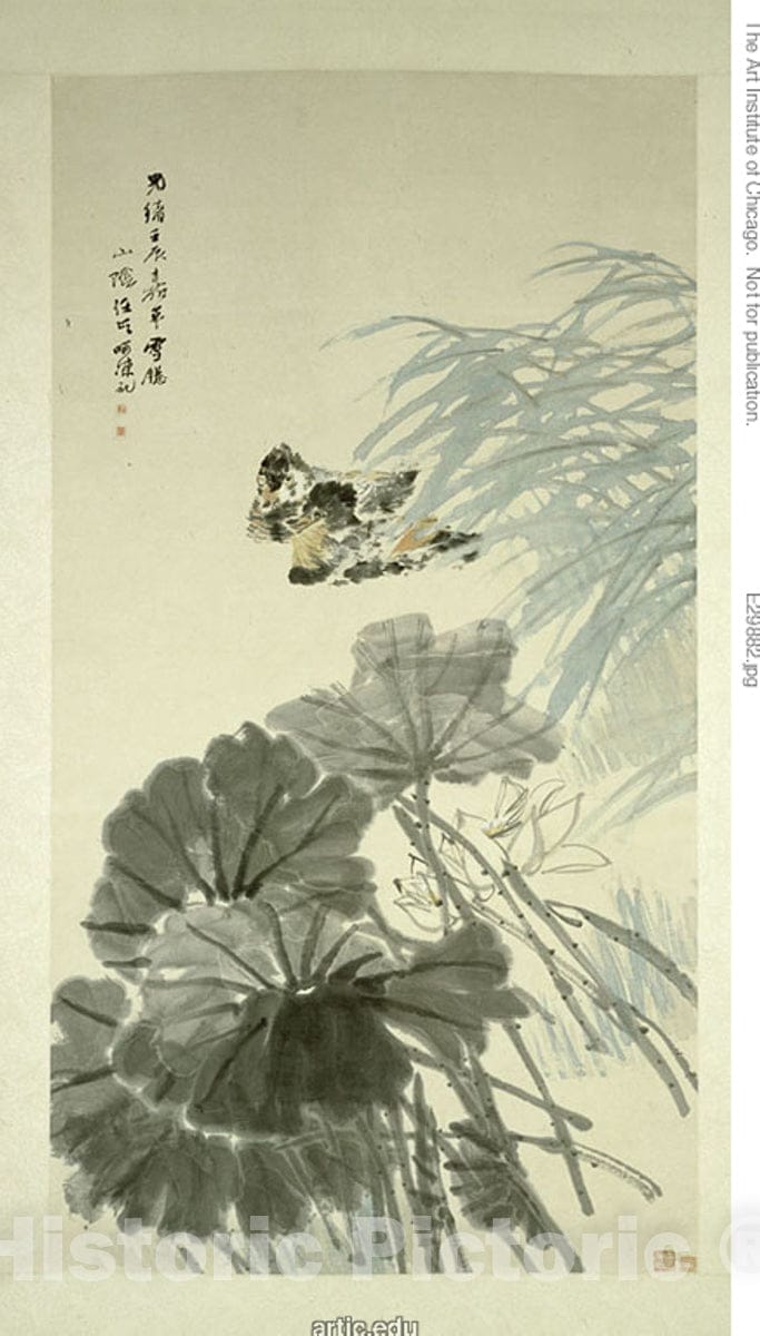 Art Print : Mandarin Ducks and Lotus, Ren Yi, c 1778, Vintage Wall Decor :