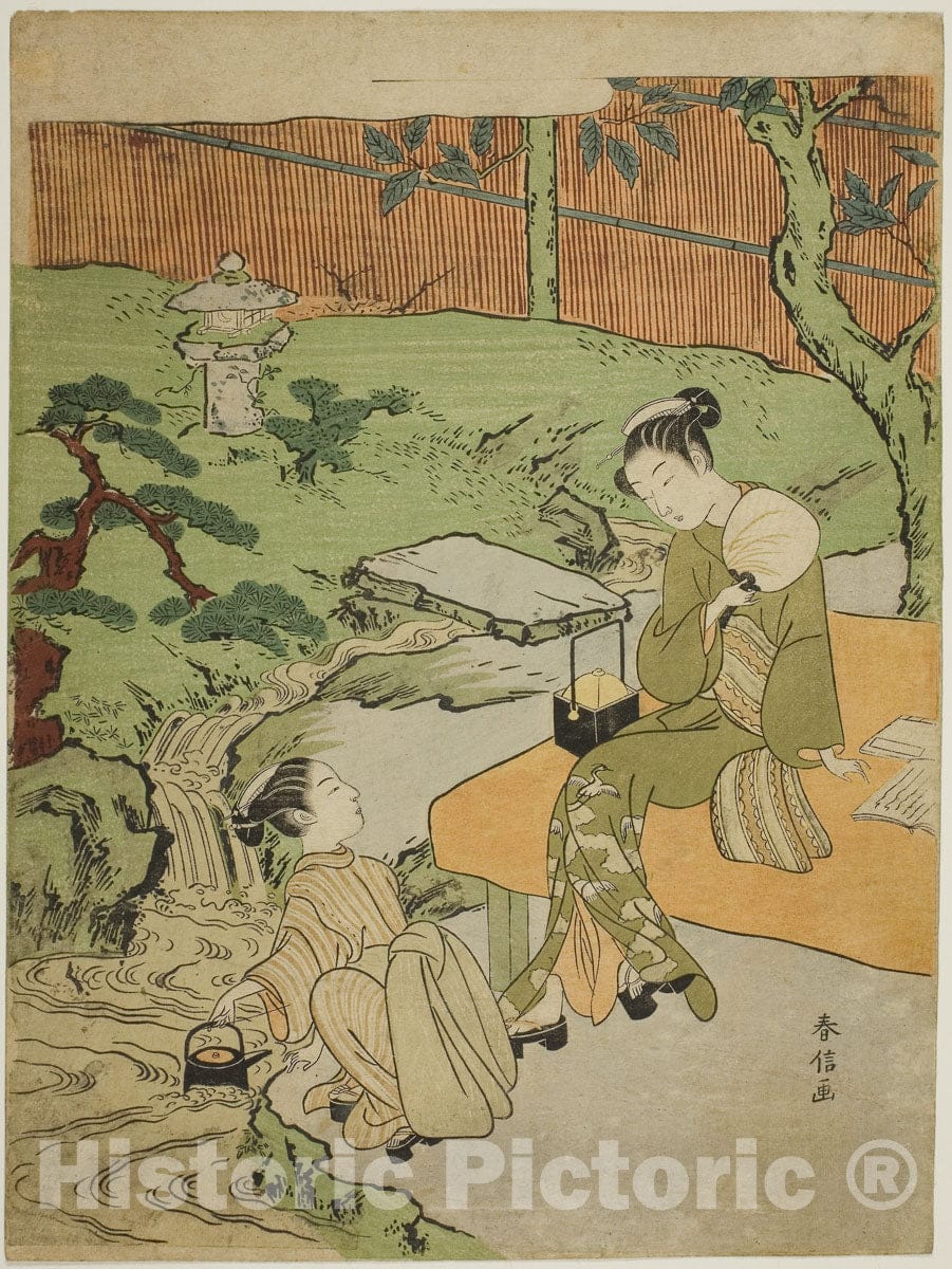 Art Print : Two Girls Enjoying the Evening Cool in a Garden, Suzuki Harunobu, c 1774, Vintage Wall Decor :