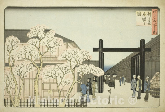 Art Print : Spring Dawn in the New Yoshiwara , from Famous Places in Edo , Utagawa Hiroshige, c 1920, Vintage Wall Decor :