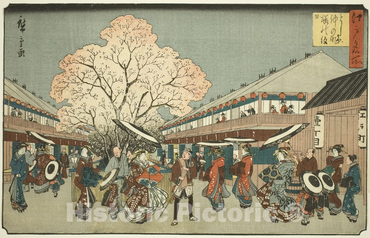 Art Print : Cherry Blossom Day on the Nakanocho of the Yoshiwara (Yoshiwara Nakanocho Sakura no monbi), Utagawa Hiroshige, c 1814, Vintage Wall Decor :