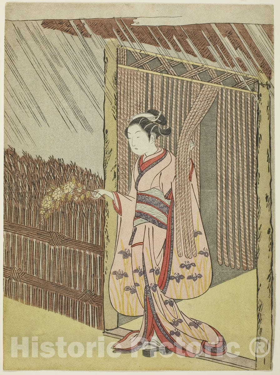 Art Print : Woman Holding a Branch of Kerria Flowers in the Rain (parody of Ota Dokan), Suzuki Harunobu, c 1829, Vintage Wall Decor :