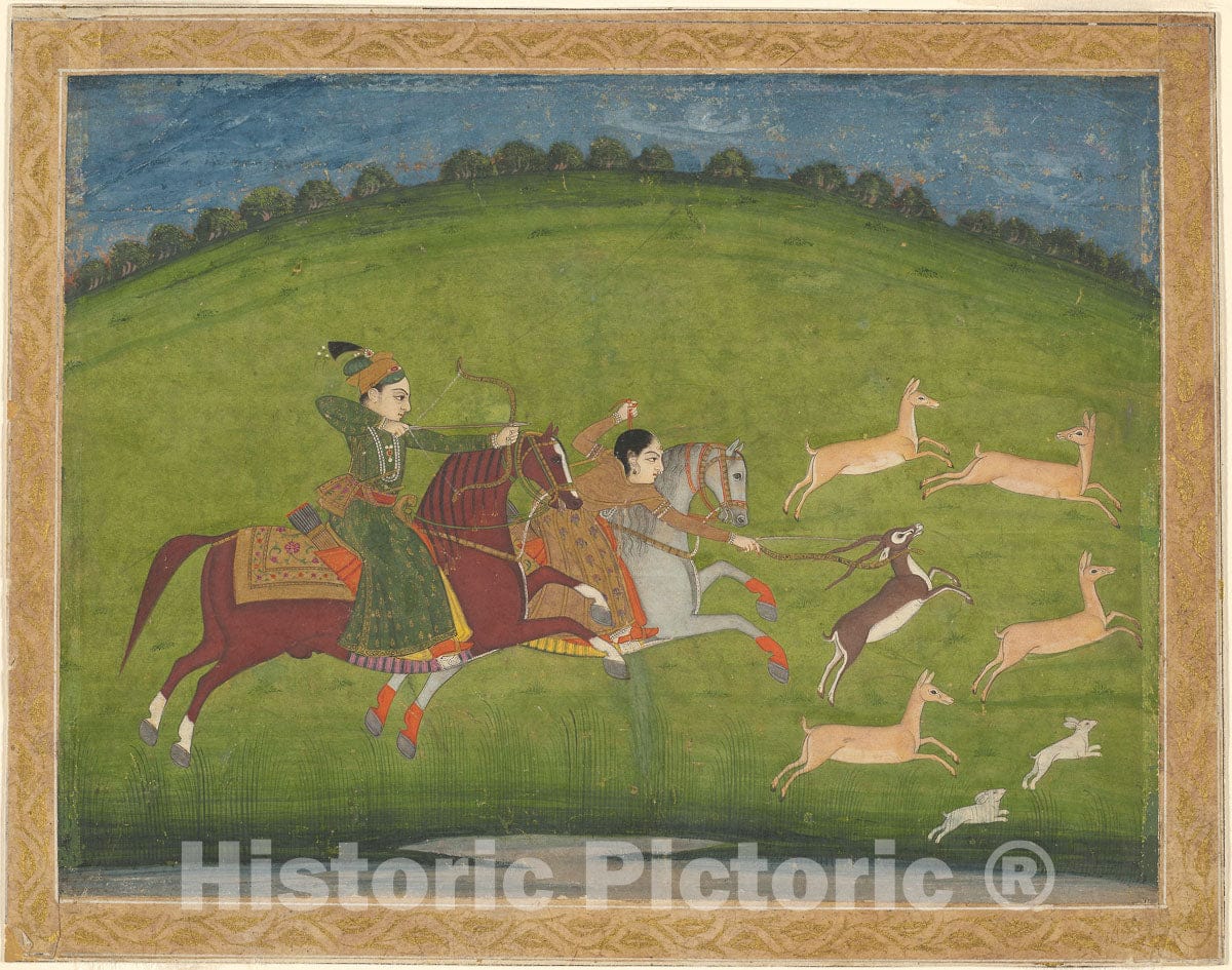 Art Print : Prince and Princess Hunting Blackbuck, c 1750, Vintage Wall Decor :