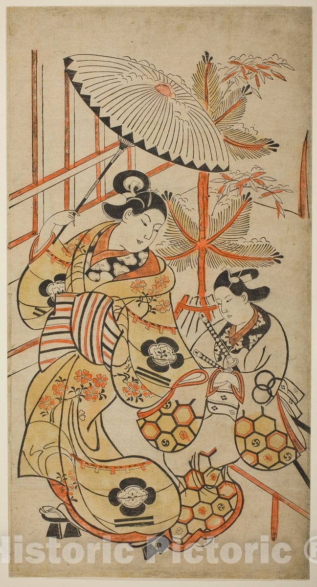 Art Print : The Actors Matsumoto Hyozo as a courtesan and Nakagawa Hanzaburo as a young man, Torii Kiyonobu I, c 1695, Vintage Wall Decor :
