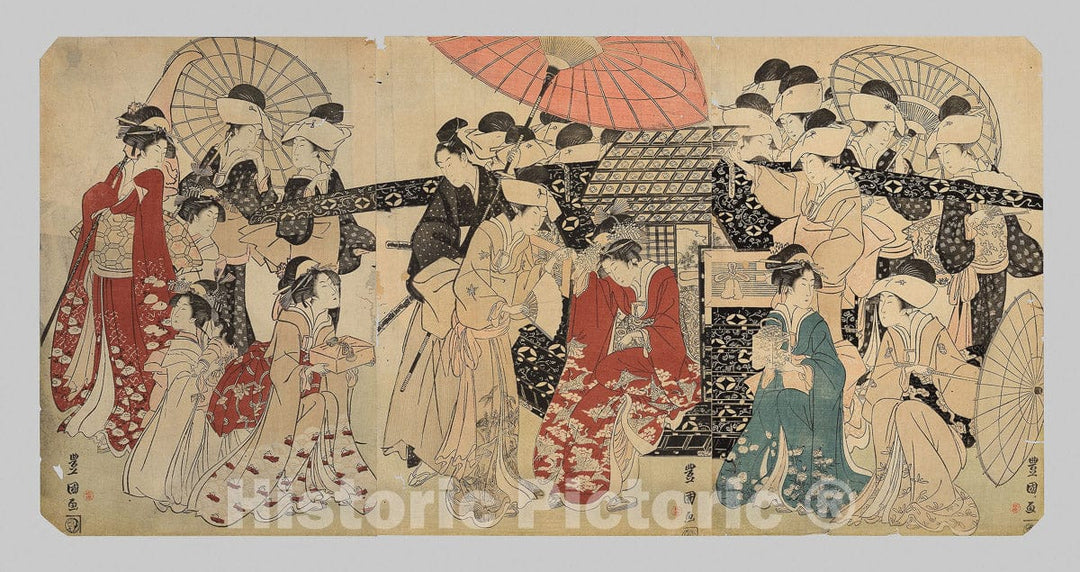 Art Print : A princess traveling with her attendants descends from a palanquin, Utagawa Toyokuni I, c 1803, Vintage Wall Decor :
