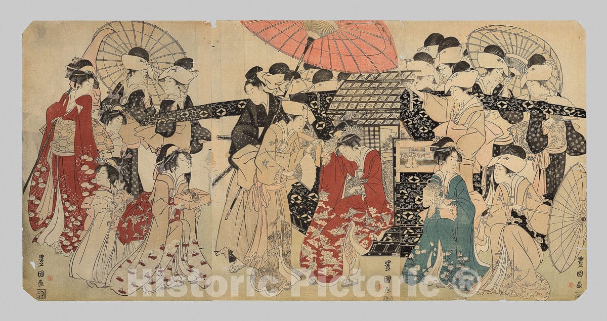 Art Print : A princess traveling with her attendants descends from a palanquin, Utagawa Toyokuni I, c 1803, Vintage Wall Decor :