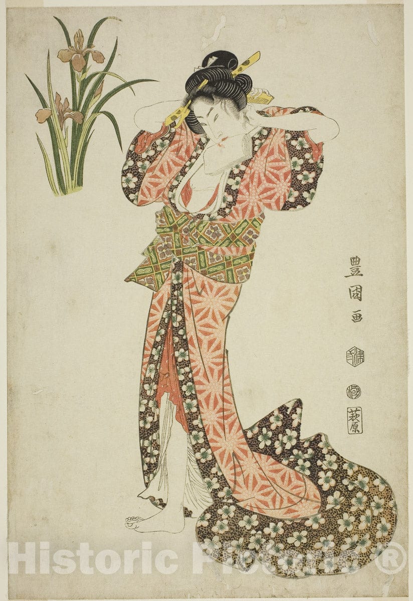 Art Print : Irises: beauty arranging hair, from an untitled series of beauties and flowers, Utagawa Toyokuni I, c 1812, Vintage Wall Decor :
