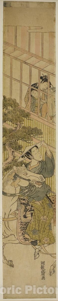 Art Print : Young Man on Horseback and Two Women Watching from a Window, Isoda Koryusai, c 1770, Vintage Wall Decor :