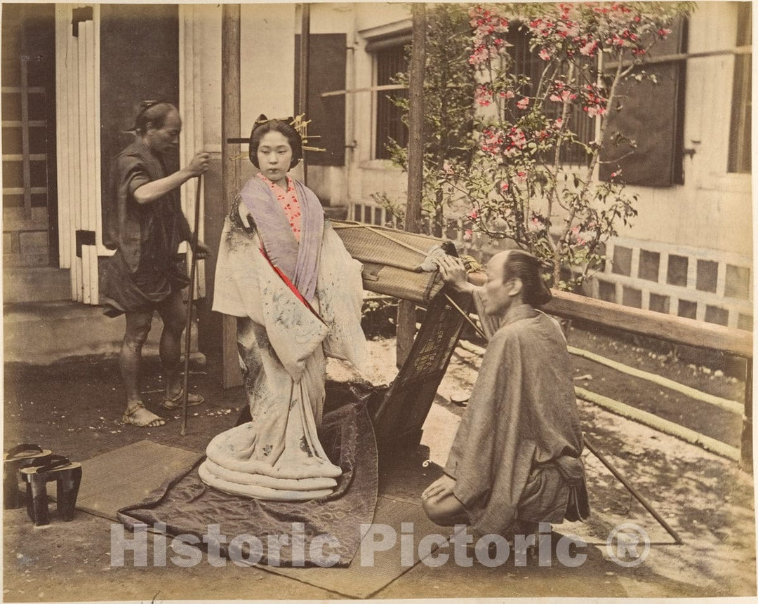 Photo Print : Japanese Woman in Traditional Dress Posing with Two Men : Vintage Wall Art