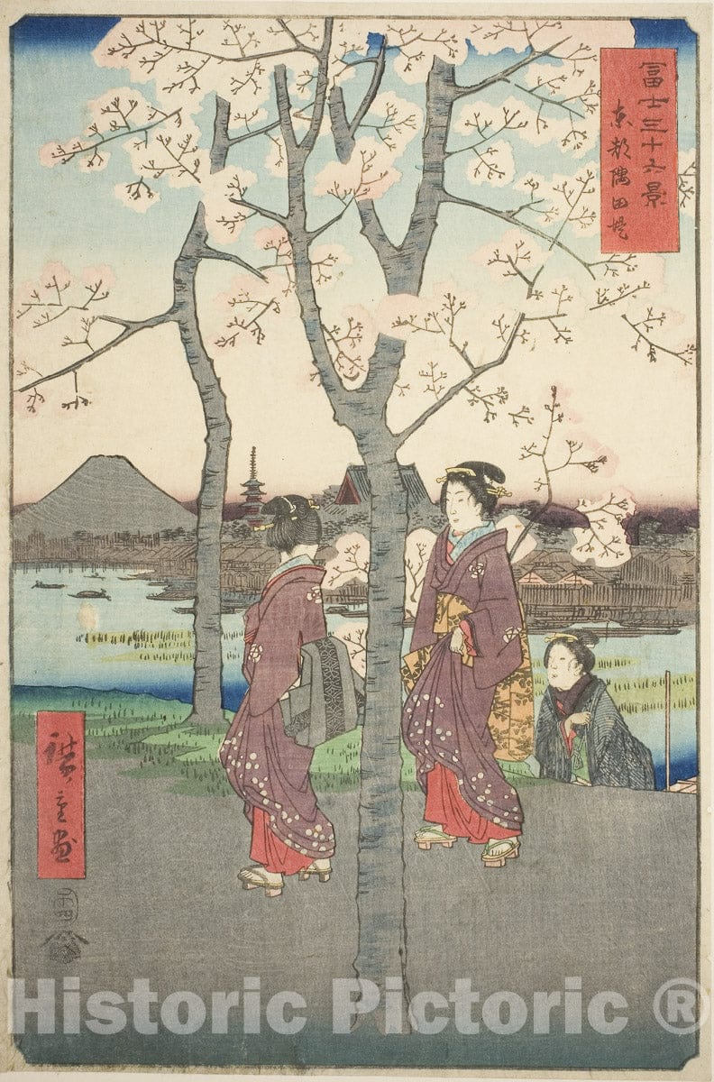 Art Print : The Sumida Embankment in the Eastern Capital (Toto Sumida zutsumi), Utagawa Hiroshige, c 1858, Vintage Wall Decor :
