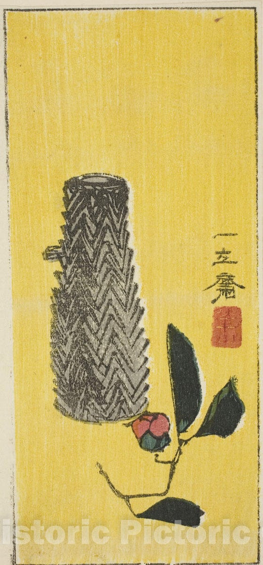 Art Print : Camellia and basket, section of an untitled harimaze sheet, Utagawa Hiroshige, c 1850, Vintage Wall Decor :