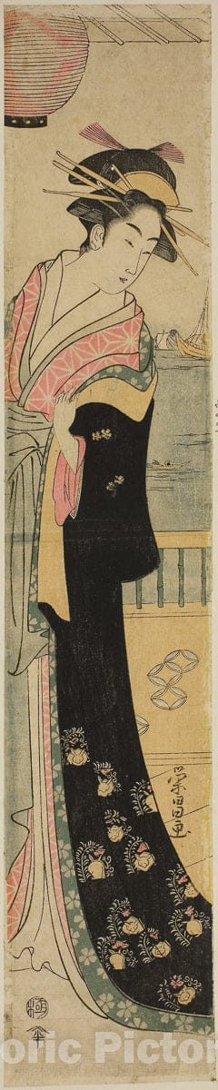 Art Print : Women Standing on Veranda by a River, Chokosai Eisho, c 1790, Vintage Wall Decor :