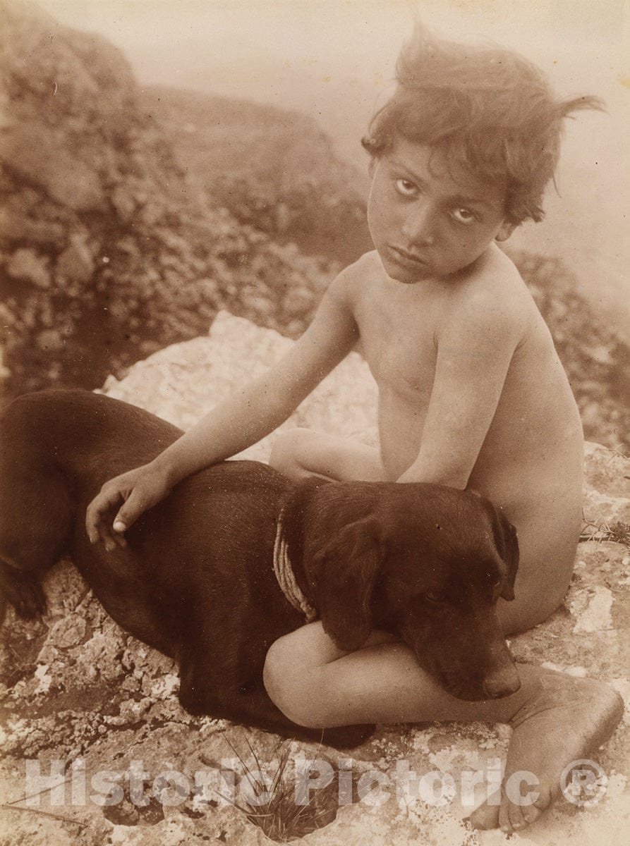 Photo Print : Wilhelm von Gloeden - Nude Young Child with Dog in Lap, Sicily, Italy : Vintage Wall Art