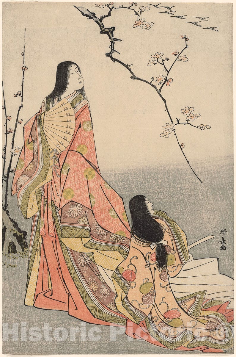 Art Print : Ise watching a flock of geese, from an untitled series of court ladies, Torii Kiyonaga, c 1780, Vintage Wall Decor :