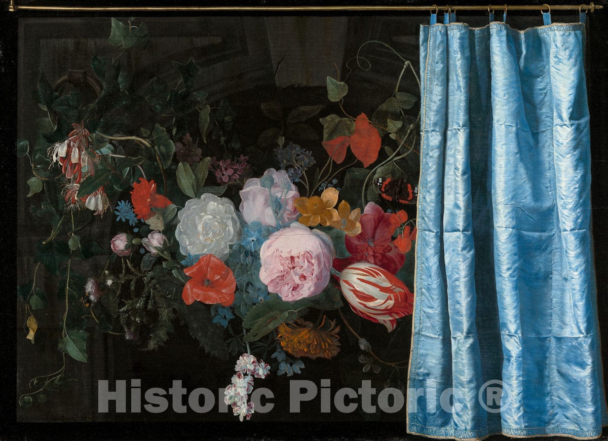 Art Print : Trompe-lOeil Still Life with a Flower Garland and a Curtain, Adriaen Van der Spelt, 1658, Vintage Wall Decor :