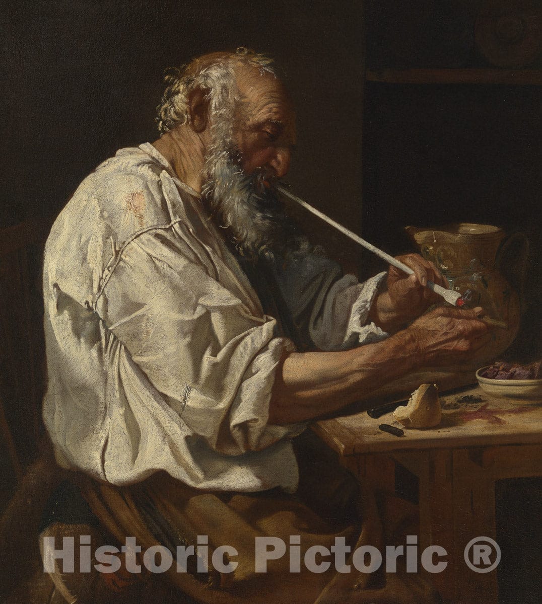Art Print : Old Peasant Lighting a Pipe, Johann Carl Loth, c 1660, Vintage Wall Decor :
