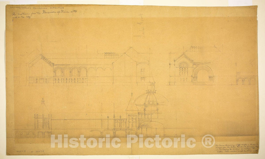 Art Print : Proposed Fine Arts Museum, Worlds Columbian Exposition, Chicago, Illinois, Elevation Sketches, John Wellborn Root, c 1891, Vintage Wall Decor :