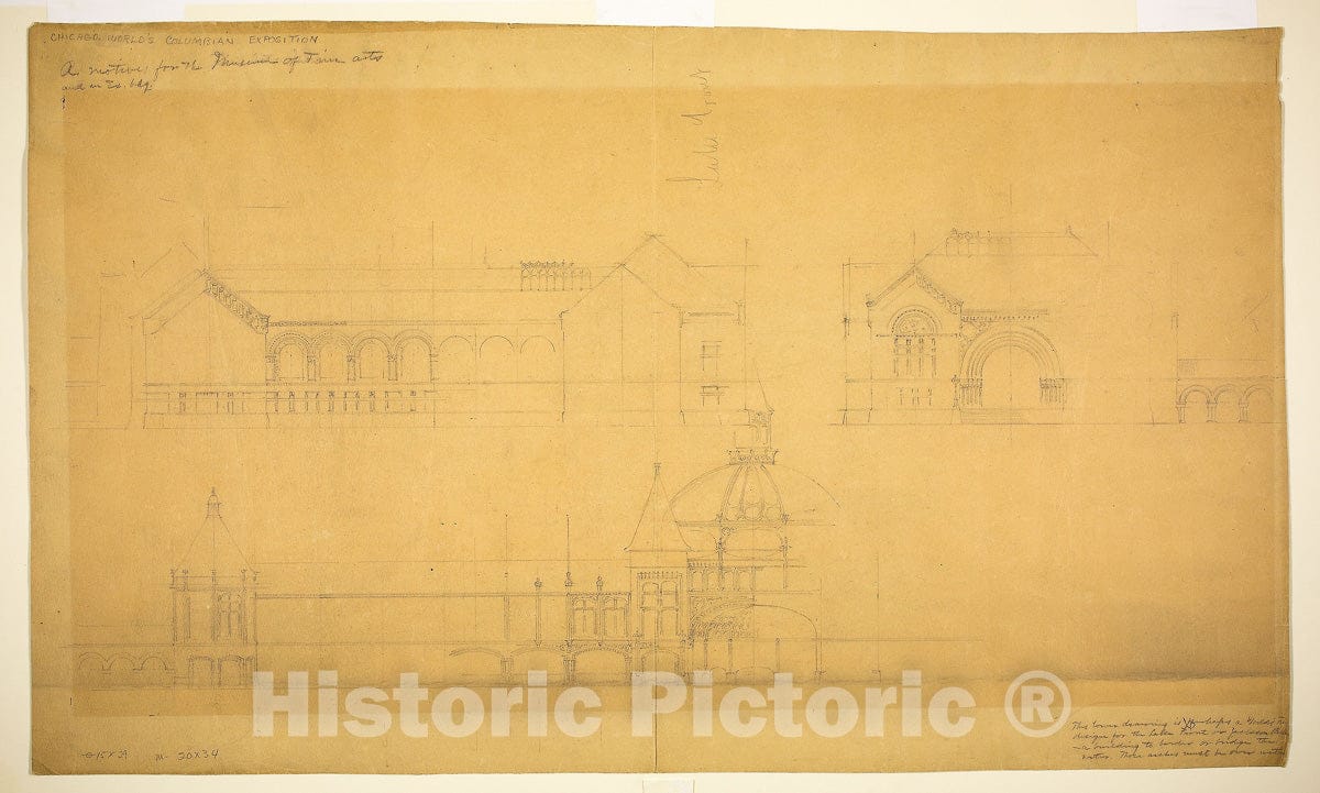 Art Print : Proposed Fine Arts Museum, Worlds Columbian Exposition, Chicago, Illinois, Elevation Sketches, John Wellborn Root, c 1891, Vintage Wall Decor :