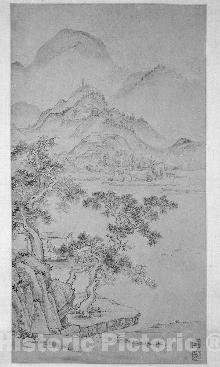 Art Print : River and Mountain Landscape, Xiang Shengmo, c 1515, Vintage Wall Decor :