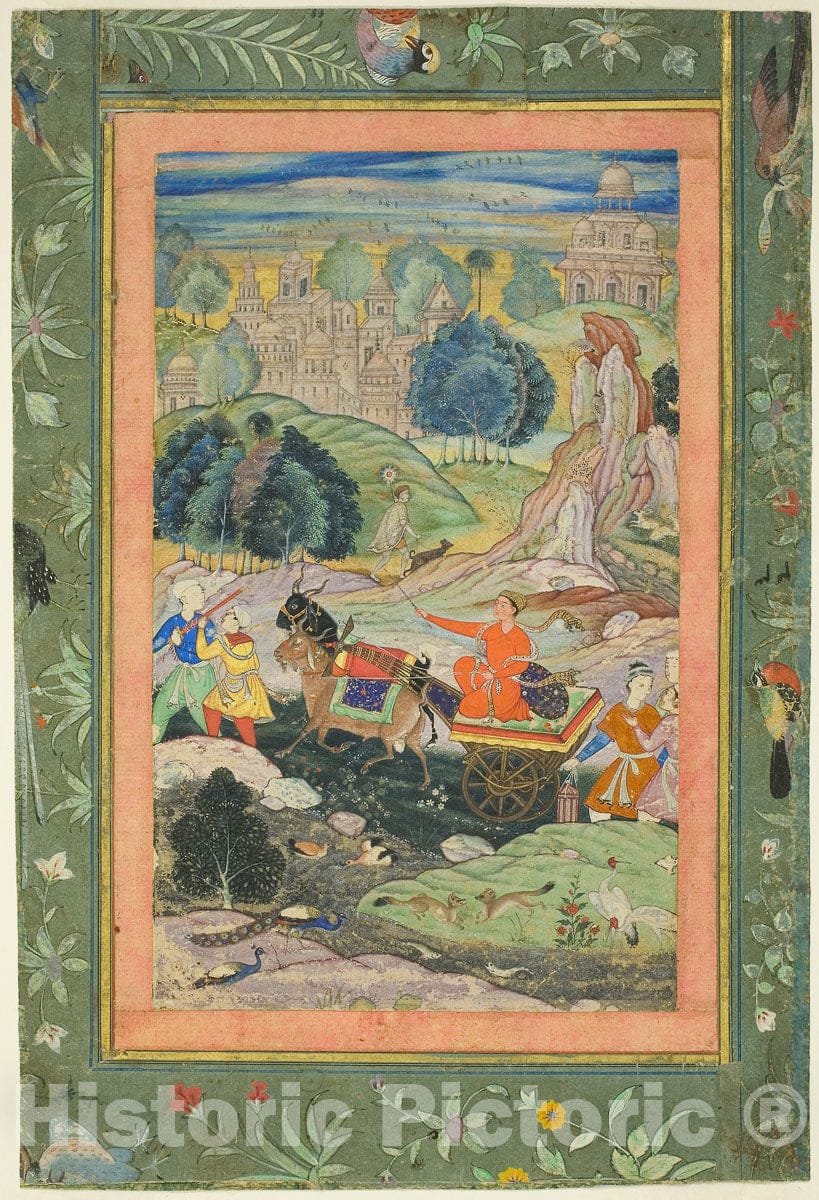 Art Print : Prince Riding in Chariot Drawn by Goats, Mughal, c 1653, Vintage Wall Decor :