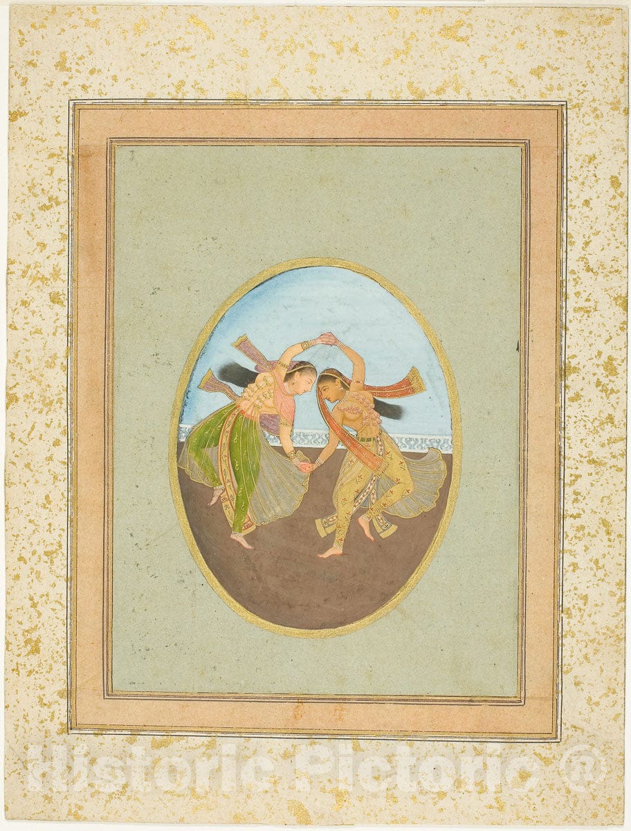 Art Print : Two Girls Performing Kathak, Mughal, c 1701, Vintage Wall Decor :