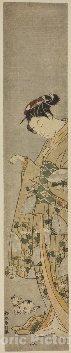 Art Print : Girl Playing with a Cat, Suzuki Harunobu, c 1767, Vintage Wall Decor :