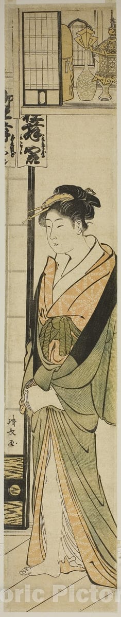 Art Print : Courtesan Standing Beneath a Shelf for Talismans, Torii Kiyonaga, c 1783, Vintage Wall Decor :