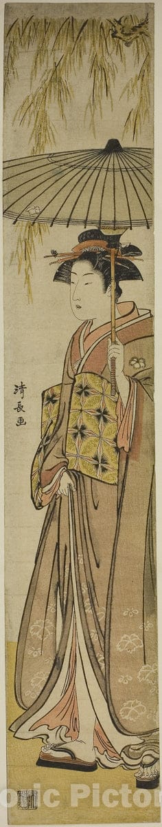 Art Print : Geisha Carrying a Parasol under a Willow Tree, Torii Kiyonaga, c 1784, Vintage Wall Decor :