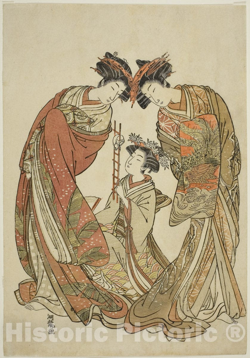 Art Print : Two Courtesans Watching an Attendant Play with a Rat, Isoda Koryusai, c 1777, Vintage Wall Decor :