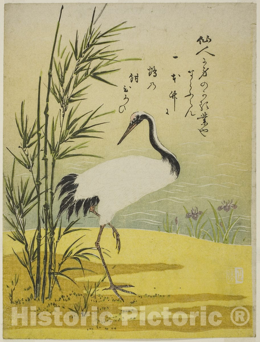 Art Print : Crane, Bamboo and Iris, Isoda Koryusai, c 1770, Vintage Wall Decor :