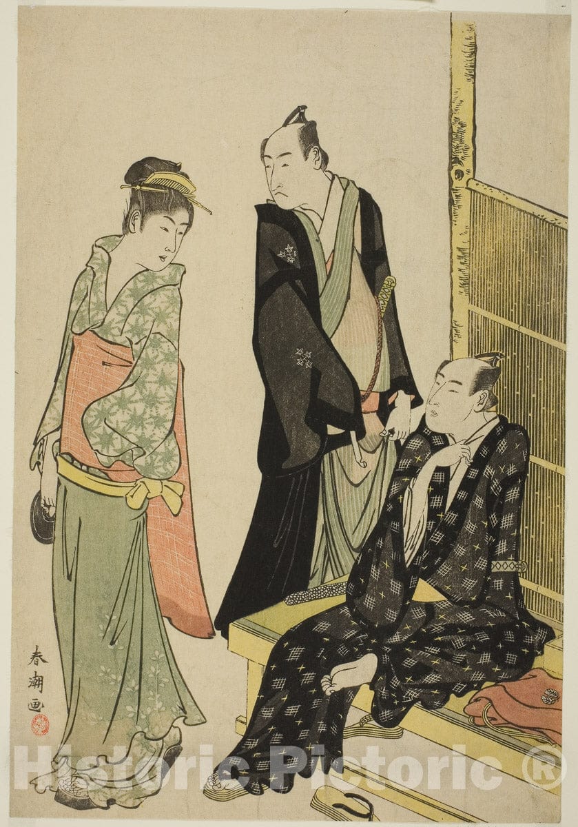 Art Print : The Actors Onoe Matsusuke I and Ichikawa Omezo I at a Teahouse, Katsukawa ShunchÃ´, c 1791, Vintage Wall Decor :