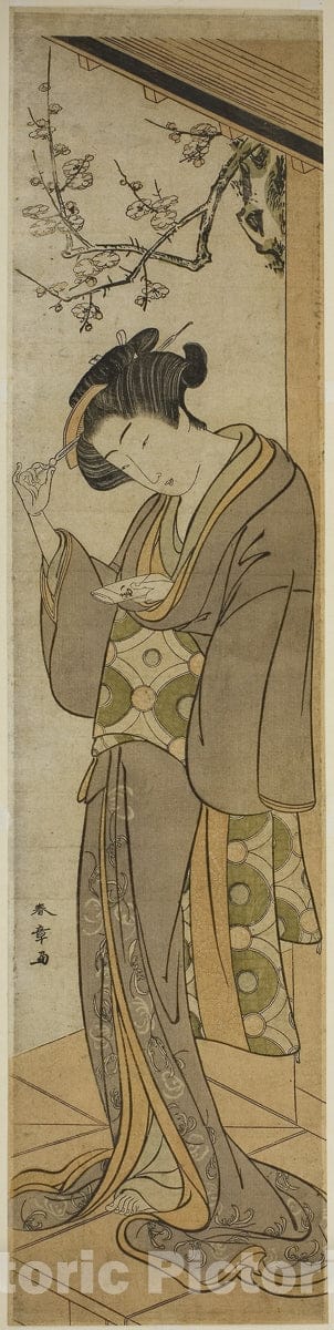 Art Print : Woman on a Verandah About to Open a Letter, Katsukawa Shunsho, c 1776, Vintage Wall Decor :