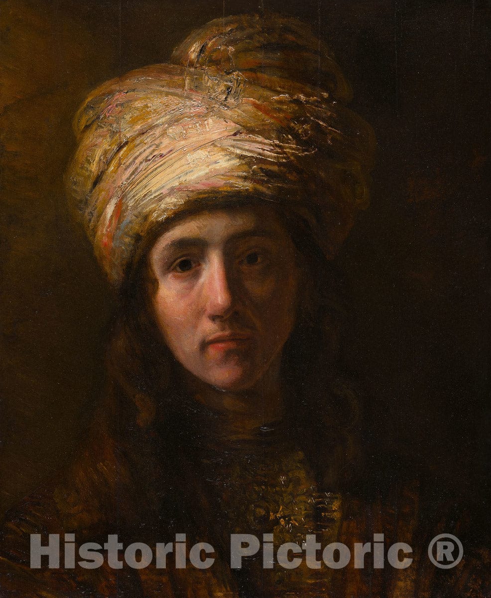 Art Print : Young Man in a Turban, Follower of Rembrandt Harmenszoon Van Rijn, c 1565, Vintage Wall Decor :
