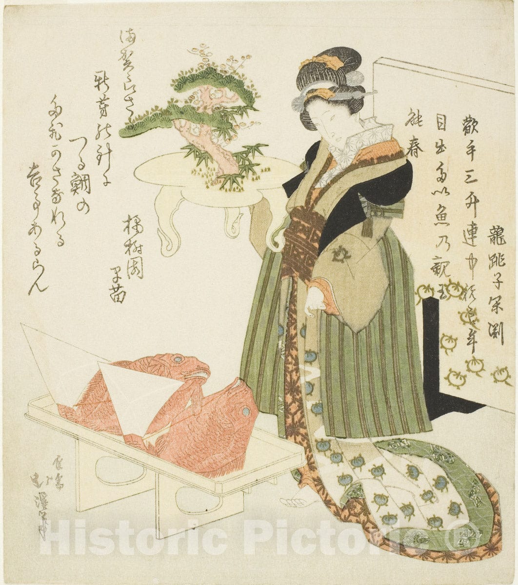 Art Print : Courtesan carrying a decorated tray, Totoya Hokkei, c 1830, Vintage Wall Decor :