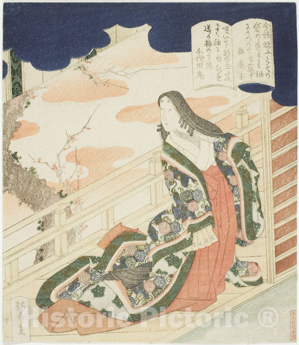 Art Print : Court lady admiring plum blossoms, Yanagawa Shigenobu I, c 1817, Vintage Wall Decor :