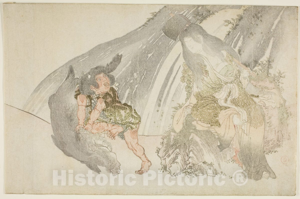Art Print : Yamauba Watching Kintaro Wrestle a Boar, Kubo Shunman, c 1817, Vintage Wall Decor :