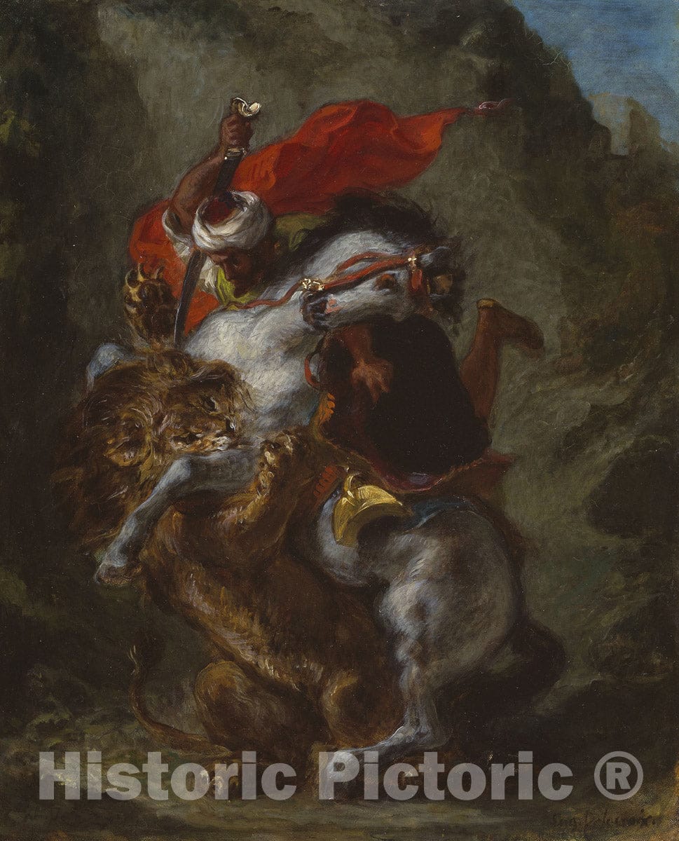 Art Print : Arab Horseman Attacked by a Lion, EugÃ¨ne Delacroix, c 1721, Vintage Wall Decor :